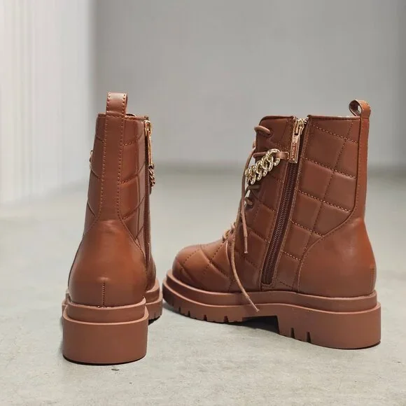 Quilted Faux Leather Lace-Up Combat Boots With Gold Chain Accent - Brown - Picture 6 of 11